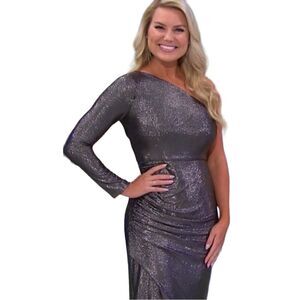 Aidan by Aidan Mattox Ruched Metallic One-Shoulder Dress Size US 6